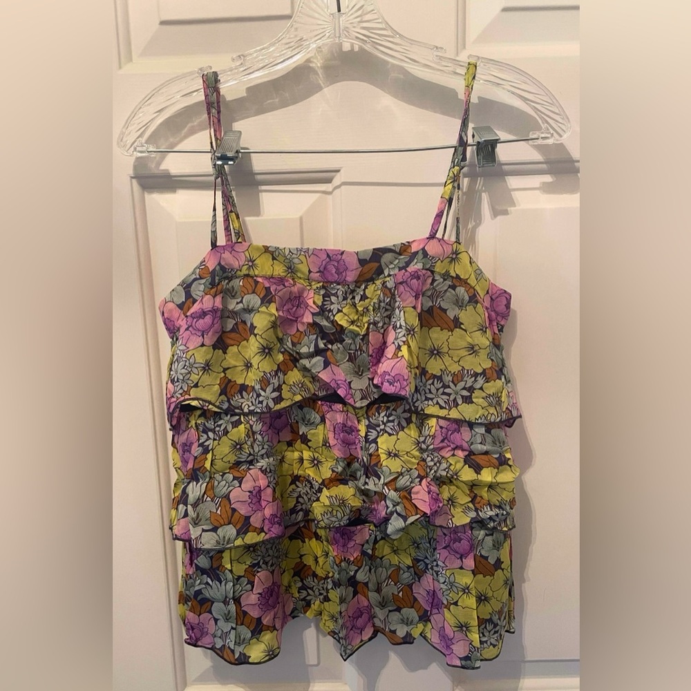 Anthropologie Floral Ruffle Blouse - Pink, Yellow, Green